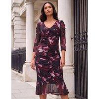 Roman Floral Ruched Midi Bodycon Dress Black Mix