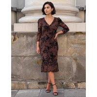 Roman Floral Frill Detail Midi Bodycon Dress Chocolate