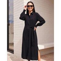 Roman Button Front Tie Waist Midi Shirt Dress Black Mix