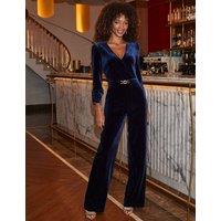 SOSANDAR Velvet Wrap Wide Leg Jumpsuit Royal Blue