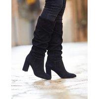 SOSANDAR Suede Ruched Block Heel Knee High Boots Black