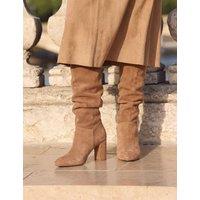 SOSANDAR Suede Ruched Block Heel Knee High Boots Tan