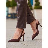 SOSANDAR Satin Pointed Toe Kitten Heel Slingback Shoes Chocolate