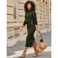 SOSANDAR Knitted Buckle Detail Midaxi Skirt Khaki