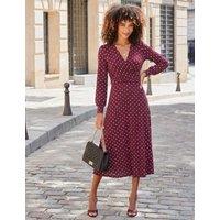 SOSANDAR Polka Dot V Neck Twist Front Midi Dress Burgundy Mix