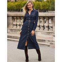 SOSANDAR Denim V-Neck Button Front Midi Dress Indigo