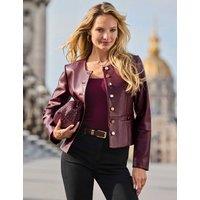 SOSANDAR Faux Leather Collarless Biker Jacket Burgundy