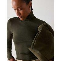 Whistles Ribbed Roll Neck Slim Fit Top Khaki