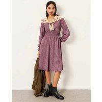 FatFace Cotton Rich Floral V Neck Mini Smock Dress Burgundy Mix