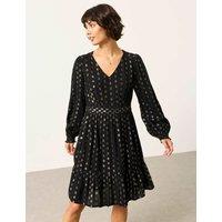 FatFace Metallic V Neck Mini Smock Dress Black Mix