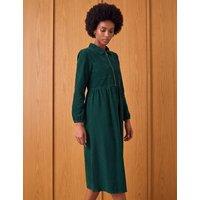 Roman Cord Collared Zip Up Midi Dress Dark Green