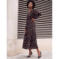 Roman Polka Dot V Neck Tie Waist Midi Dress Black