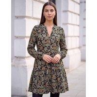 Roman Floral V Neck Button Detail Knee Length Swing Dress Green