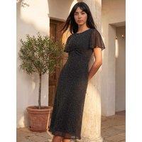 Roman Petite Studded Mesh Ruched Midi Dress Black