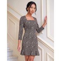 Roman Jacquard Paisley Square Neck Frill Hem Mini Waisted Dress Black