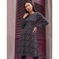 Roman Floral Print Frill Knee Length Dress Black