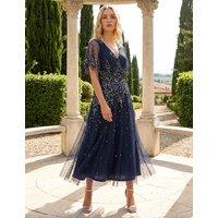 Roman Embellished V Neck Angel Sleeve Midi Dress Navy