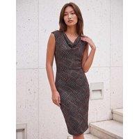 Roman Metallic Cowl Neck Pleated Knee Length Dress Bronze
