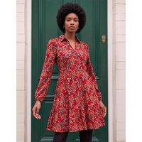 Roman Floral V Neck Collared Button Detail Knee Length Dress Red