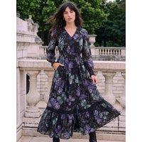Roman Butterfly Print Lace Trim Button Through Midi Dress Purple