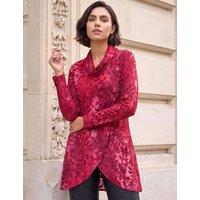 Roman Burnout Print Cowl Neck Tunic Top Burgundy