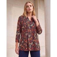 Roman Geometric Floral Notch Neck Pintuck Shirt Copper