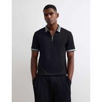 River Island Slim Fit Waffle Zip Polo Shirt Black