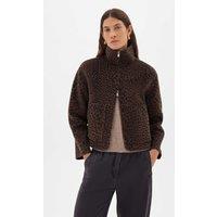 HUSH Ira Pure Wool Leopard Print Funnel Neck Jacket Brown Mix