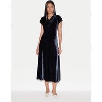 Jigsaw Velvet Cowl Neck Midi Waisted Dress Navy