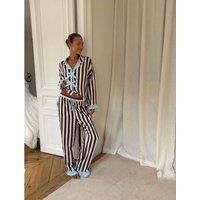 Never Fully Dressed Striped Button Through Pyjama Set Brown Mix