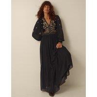 Monsoon Velvet Embroidered V-Neck Maxi Tea Dress Black Mix