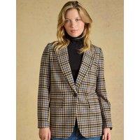Joules Wool Rich Checked Faux Leather Trim Relaxed Blazer Brown Mix