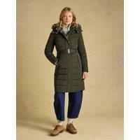Joules Showerproof Padded Faux Fur Trim Longline Coat Dark Green