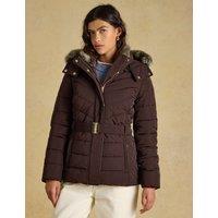 Joules Showerproof Padded Faux Fur Trim Coat Chocolate