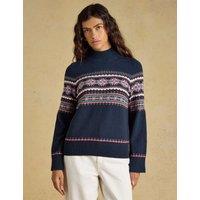 Joules Cotton Rich Fair Isle Roll Neck Jumper with Wool Navy Mix