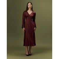 Ghost Satin V-Neck Lace Insert Midi Dress Burgundy