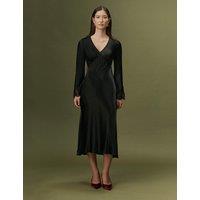 Ghost Satin V-Neck Lace Insert Midi Dress Black