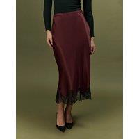 Ghost Satin Lace Midi Slip Skirt Burgundy