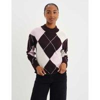 Finery London Argyle Funnel Neck Jumper with Wool Purple Mix
