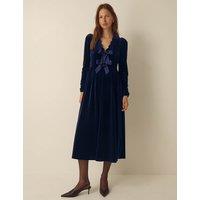 Monsoon Velvet V-Neck Bow Detail Midi Dress Dark Blue