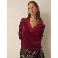 Monsoon Velvet Lace V Neck Top Burgundy