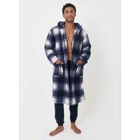 Threadbare Fleece Checked Hooded Dressing Gown Navy