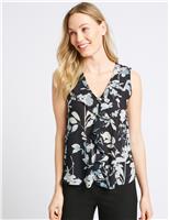 M&S Floral Print Frill V-Neck Vest Top Black Mix