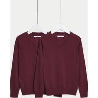 M&S 2 Pack Unisex Pure Cotton School Jumper (3-18 Yrs) Burgundy