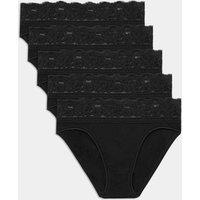 M&S 5pk Cotton Lycra High Leg & Lace Knickers Black