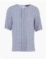 M&S PETITE Geometric Short Sleeve Blouse Blue Mix