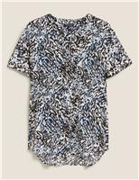M&S Printed V-Neck Longline Short Sleeve Tunic Black Mix