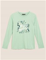 M&S Pure Cotton Slogan Straight Fit Top Soft Green