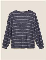 M&S Sparkly Stripe Relaxed Long Sleeve Top Navy Mix