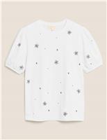 Per Una Pure Cotton Floral Embroidered T-Shirt Ivory Mix